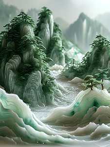 青白交织的山水画背景图片