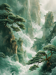 绿白相间的山水画背景图片