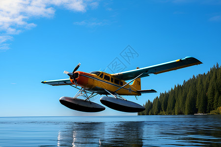 湖畔上飞翔的飞机背景图片
