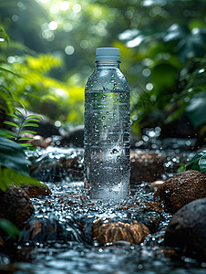 森林水山间的一瓶水设计图片
