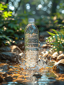矿泉水瓶盖石头上的一瓶水设计图片