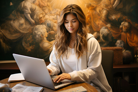 潮牌卫衣白衣女子在使用笔记本电脑背景