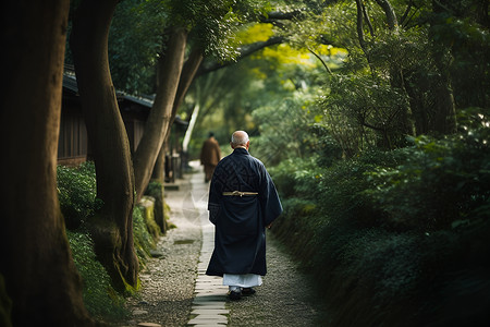 在之间僧侣漫步在树林之间背景