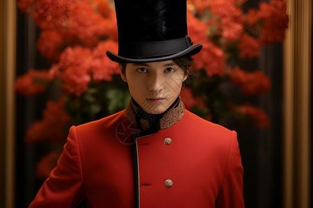 高礼帽红色制服与高顶帽的男子背景