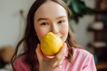 少女亲吻柠檬背景图片