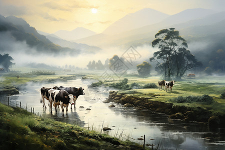山间中放牧的奶牛背景图片