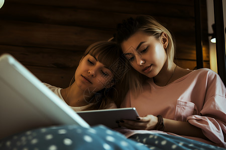 两个女孩在床上一起看书高清图片
