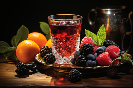 桌面上的水果桌面上的桑葚和饮品背景