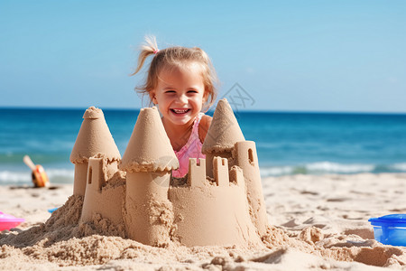 沙滩上开心的小女孩背景图片