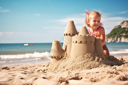 沙滩上玩耍的小女孩背景图片