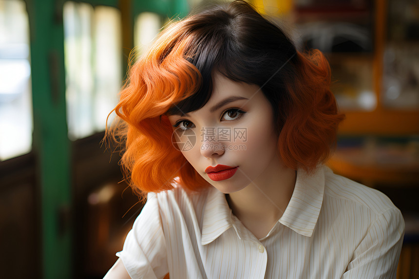 橘发女子的特写图片