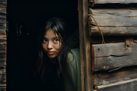 女子躲在小屋门后背景图片