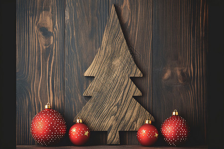 木质圣诞树和装饰品背景图片