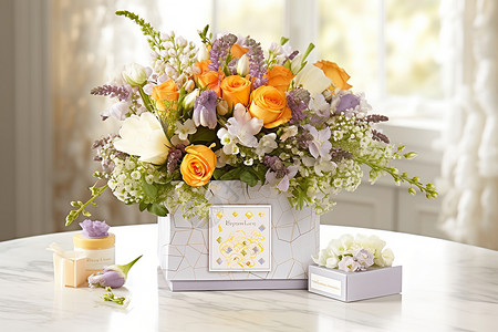 贺卡格式花束与珍藏盒子背景