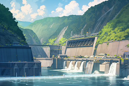 水电维修山脉中的大坝水电插画