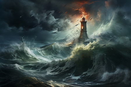 暴雨中的海上灯塔背景图片