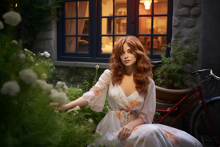 美丽女子坐在庭院里背景图片