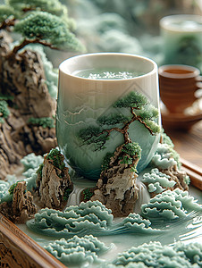 杯子与山水画融合背景图片