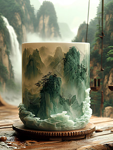 陶瓷杯子杯子上的山水画设计图片