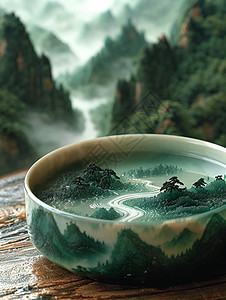 瓷杯里的山水背景图片