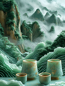 陶米纳陶杯与群山（创意合成）设计图片