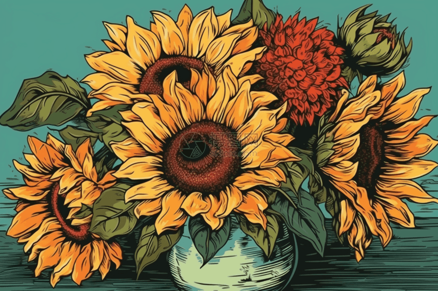 桌子上的向日葵花瓶图片