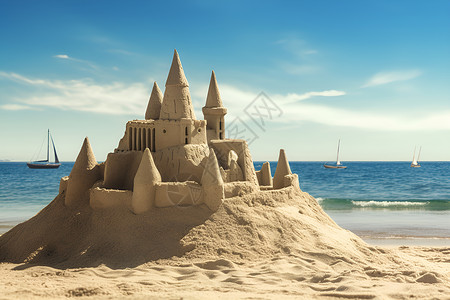 夏季沙滩上的儿童沙堡背景图片