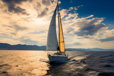 帆船阳光日落海洋上的帆船背景