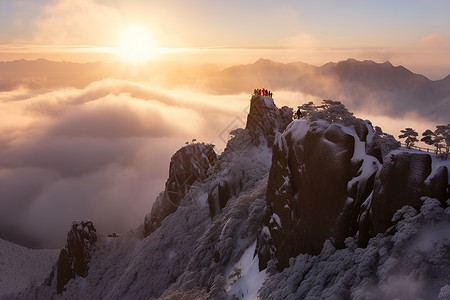 冬季日出黄山的壮观景象高清图片