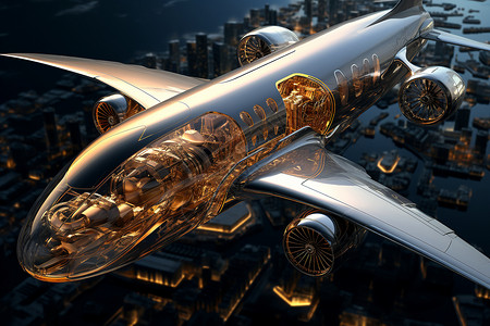 城市上空的未来飞机背景图片