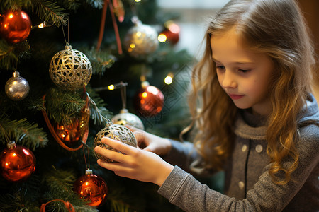 圣诞树旁的外国小女孩背景图片