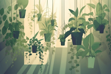 悬挂植物的平面插画背景图片