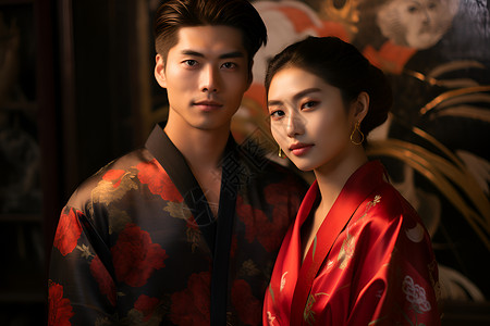 穿着中式服装的年轻夫妻背景图片