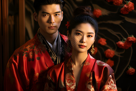 穿着中式服装的夫妻背景图片