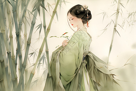 竹林中的和服女子绘画背景图片