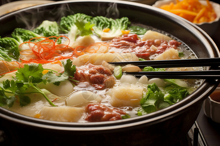 砂锅中鲜美的蔬菜汤高清图片