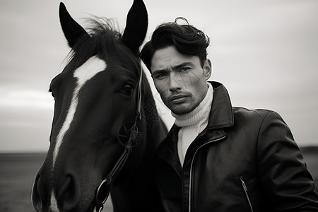 人与马的黑白照片背景图片
