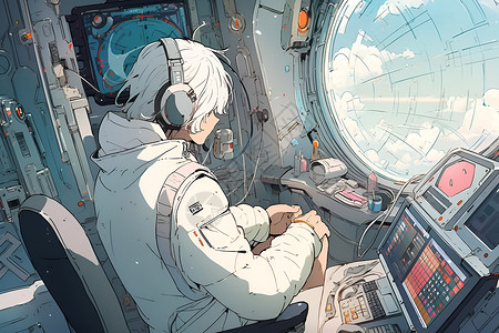 计算机屏幕太空站上的男子插画