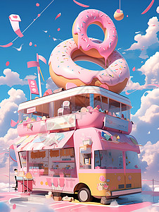 甜甜圈粉色巴士上的甜甜圈插画