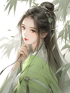 美女绿色长发美女插画