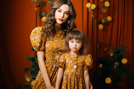 黄色裙子女孩穿着黄色花裙子的母女背景