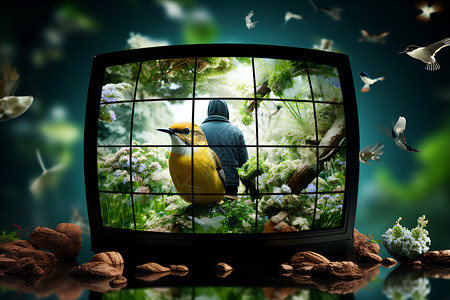 芭蕉叶上小鸟电视屏幕上的鸟设计图片