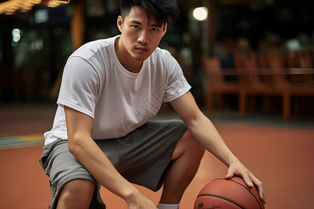 男子在篮球场上运球高清图片