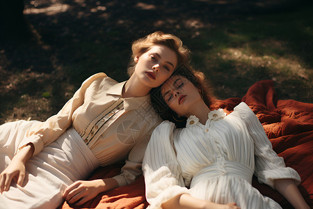 穿着传统服饰的女性躺在野餐毯上背景图片