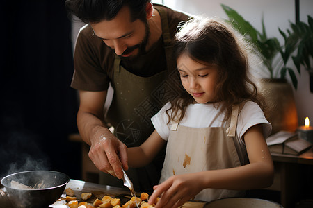男人教女儿做饭背景图片