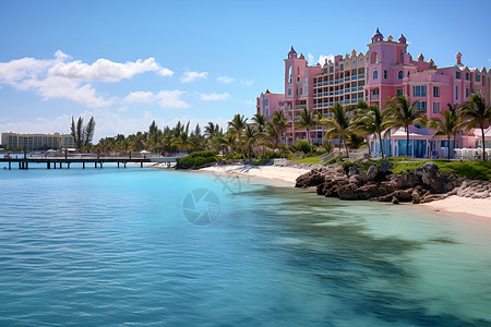 沙滩边的粉红色建筑背景图片