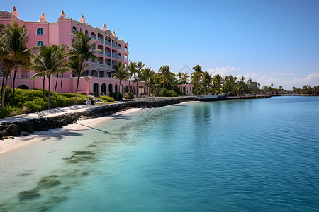 海边的粉红色楼群背景图片