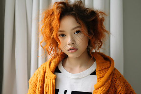 橙色卷发女孩穿着开襟羊毛衫背景