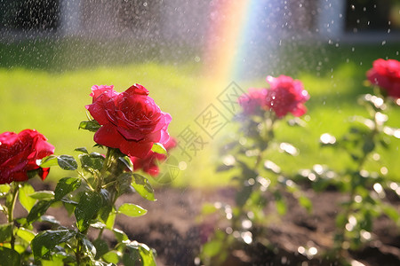 润湿红玫瑰花园中的彩虹背景