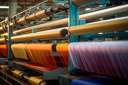 彩色纤维丝绸工厂中的彩色机器背景